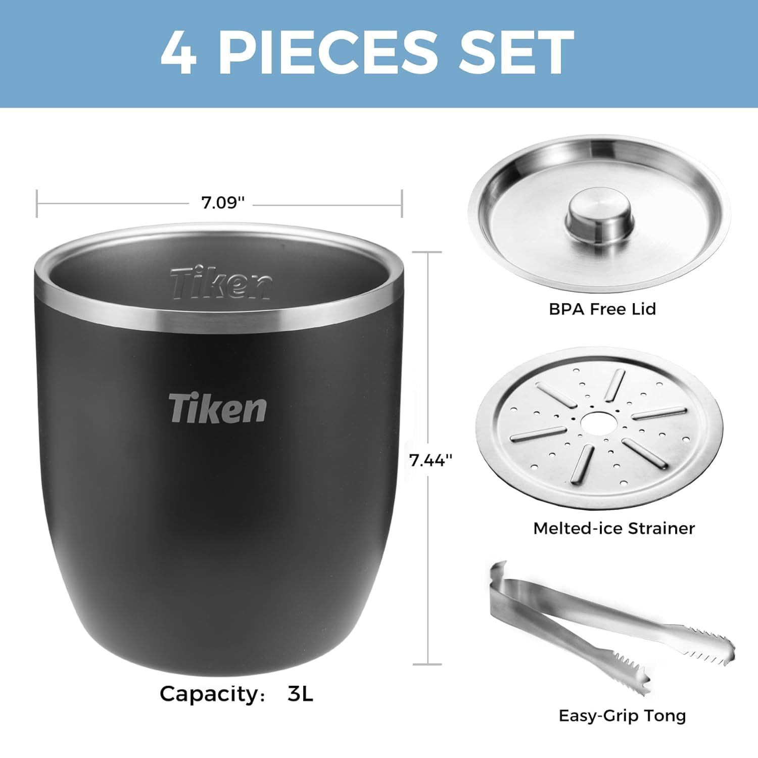 Tiken 3L Edelstahl Eiseimer mit Deckel und Zange Doppelwandiger Vacuum Isolierter Eiskübel Eiswürfelbehälter für Sekt, Cocktailbar, Parties & Outdoor