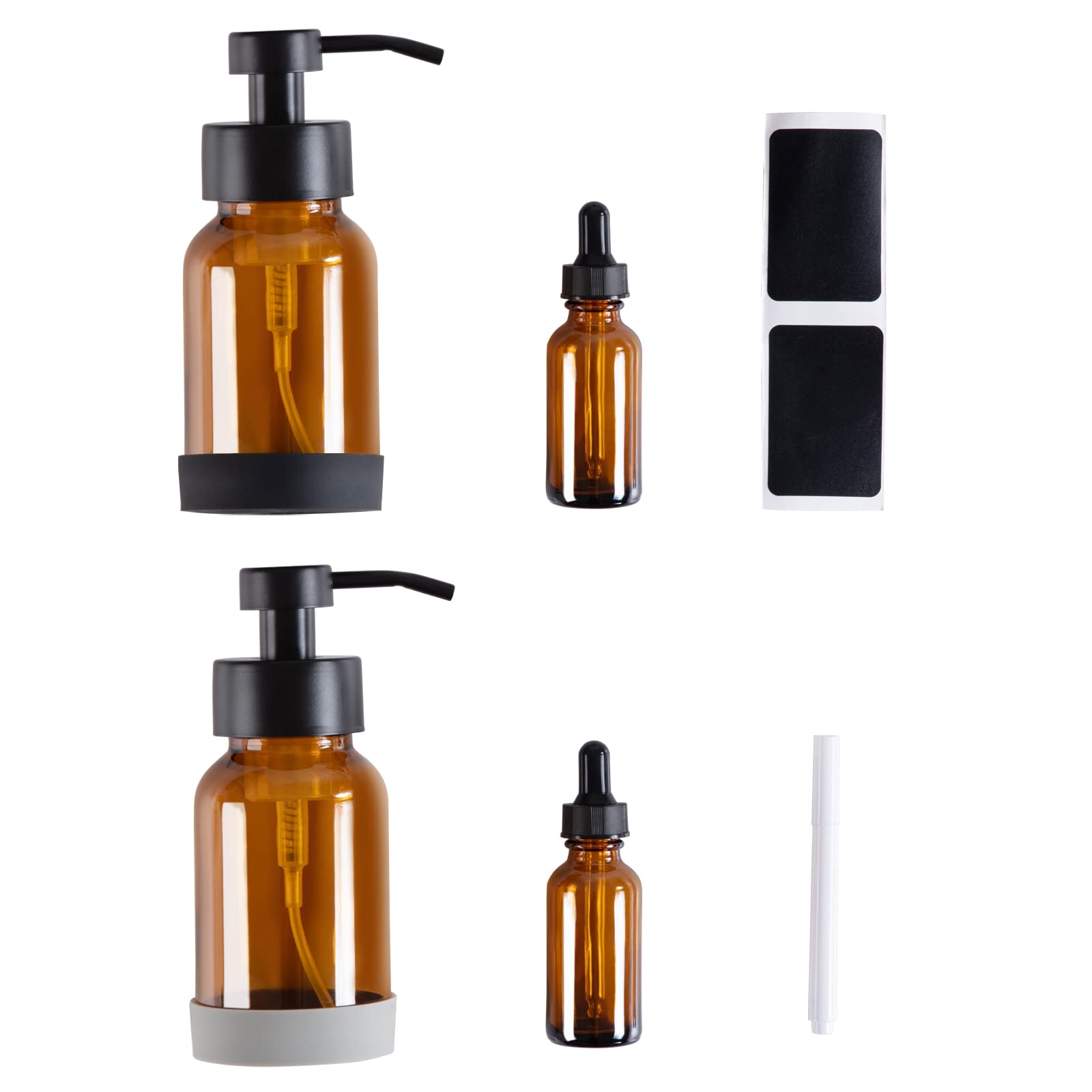 HOMBYS Amber Glass Foaming Hand Soap Refillable Foaming Soap Dispensing Bottle - Amber Glass - Matte Black Stainless Steel Foaming Pump-Set of 2 Soap Dispenser Bottle and 2 Drip Bottles