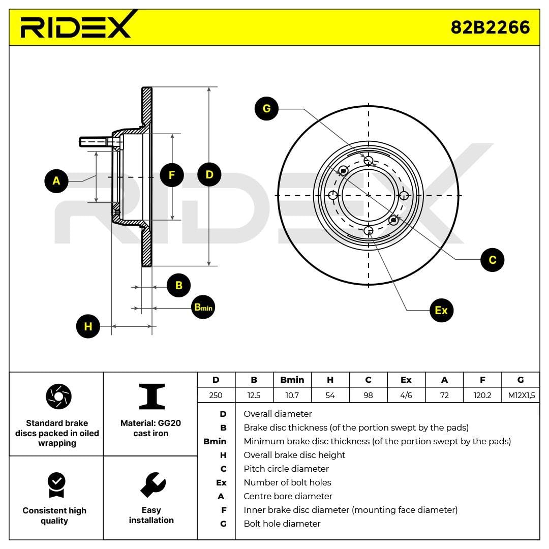 RIDEX 82B2266 Tarcza Hamulcowa przód 250mm Kompatybilny z ALFA ROMEO 75 162B GIULIETTA 116