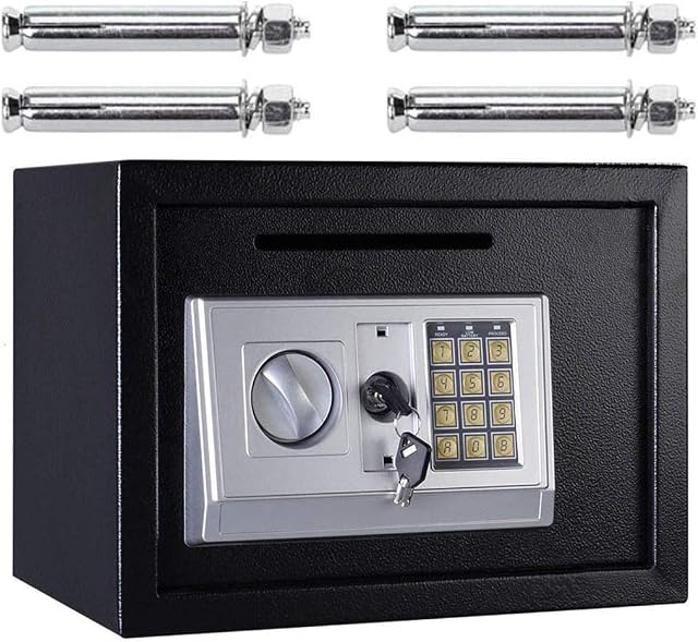 16L Digital Safe Box (Black) Large Capacity Safety Electronic Security Steel Money Cash Home Office, with Full-digit Keypad & 2 Override Keys & 4 Installing Bolts Wall Floor Mounted