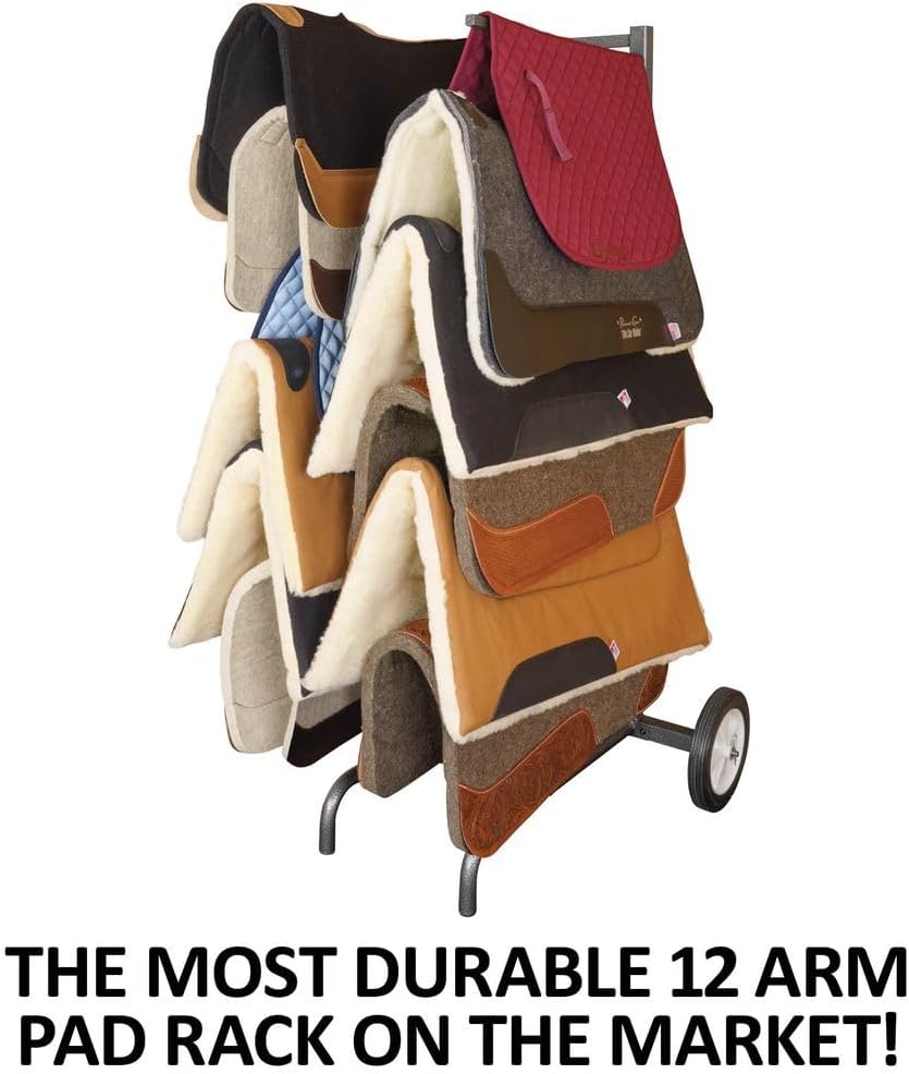 EASY-UP Pro 12 Arm Portable Saddle Pad Rack on Wheels | Ultimate Storage & Mobility for Equestrian Needs | Color Gray Armor