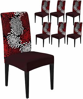 Chair Covers for Dining Room Set of 6,Pastoral Abstract Flower Stretch Seat Protector Removable Washable Chairs Slipcovers for Kitchen Banquet Wedding Hotel,Red Black White Floral Art