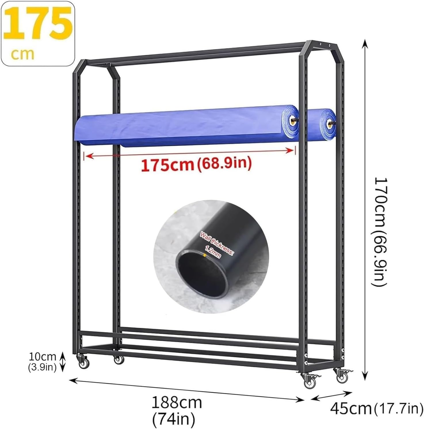 Heavy Duty Fabric Storage Rack – 12 Rods, 175cm Wide Steel Organizer for Vinyl, Car Wraps & Films – Perfect for Garage, Retail, Studio, and Craft Use