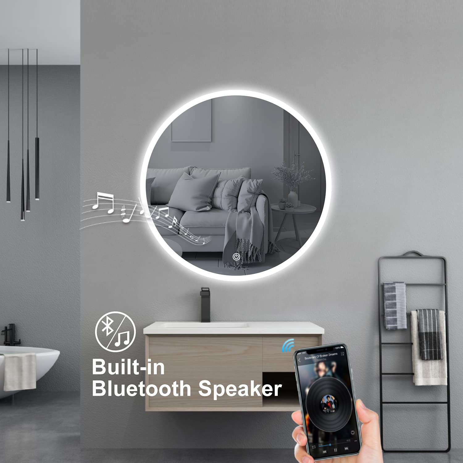 S·BAGNO Round 28" Bathroom Led Mirror with Lights 3 Color Dimmable