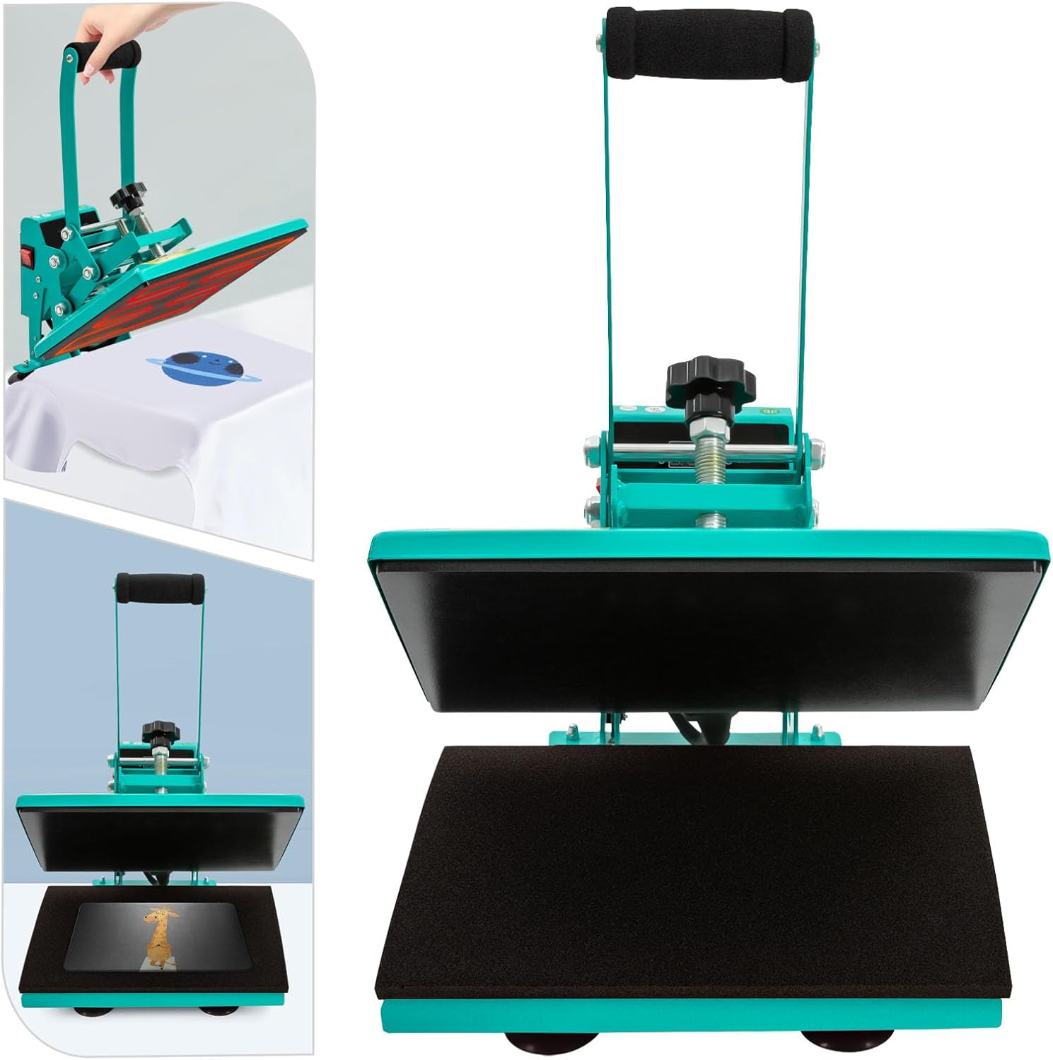 A composite image showing the WsrrLun Heat Press Machine CH2122 in open and closed positions, with a T-shirt being pressed.