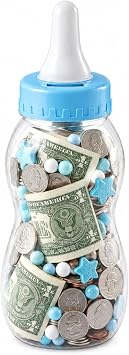 Homoyoyo Jumbo 11 Inch Baby Bottle Piggy Bank for Kids, Large Clear Plastic Money Jar Candy Container Coin Bank Gifts for Baby Shower Games, Table Centerpiece Nursery Decor Kids Birthday Blue