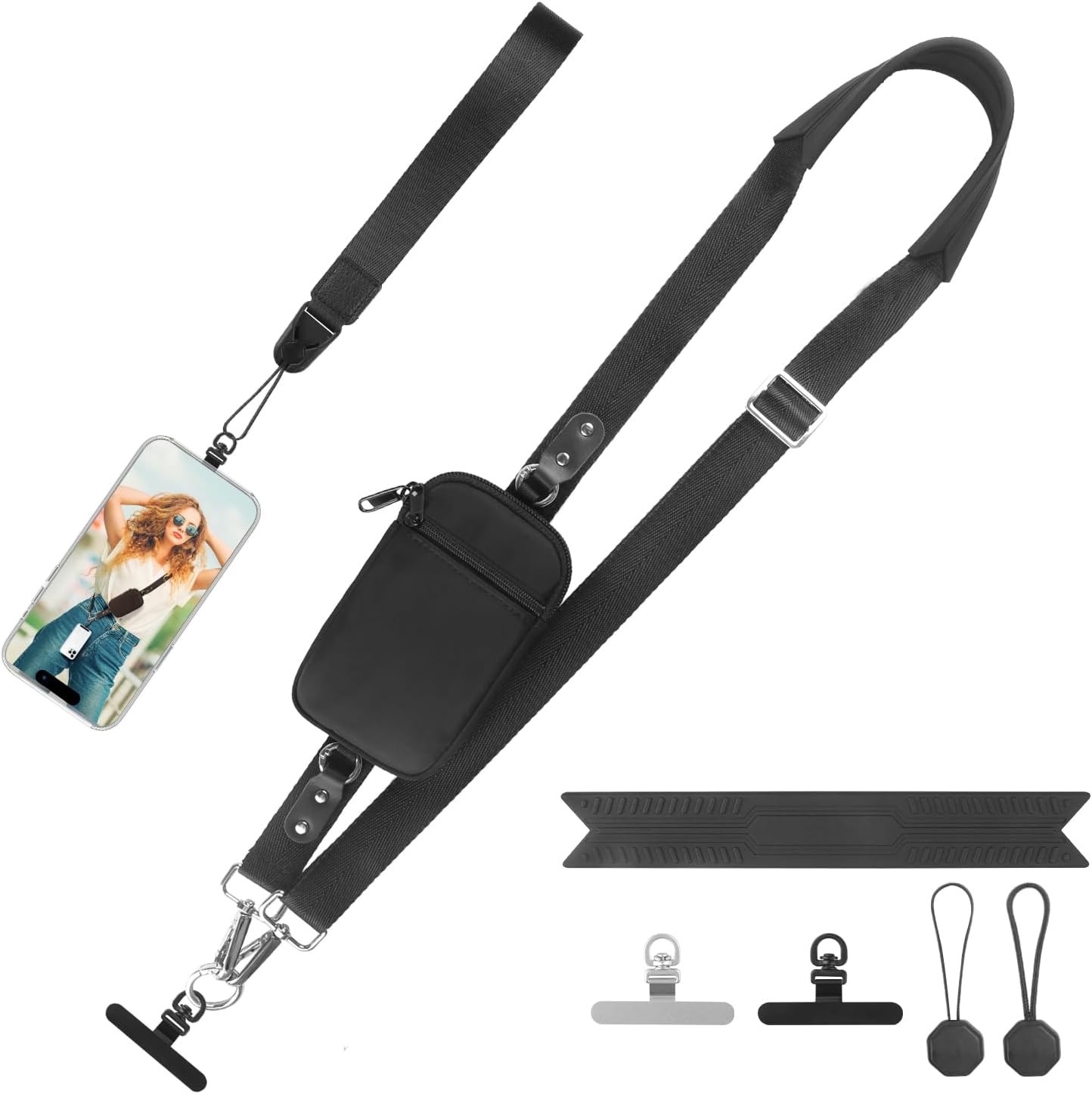 YFWE Clip and Go Strap for Phone With Wallet Crossbody (Detachable RFID Wallet) - Adjustable Phone Strap w/Soft Silicone Pad, Universal Phone Lanyard with 360° Rotatable Tether Tabs for All Phones