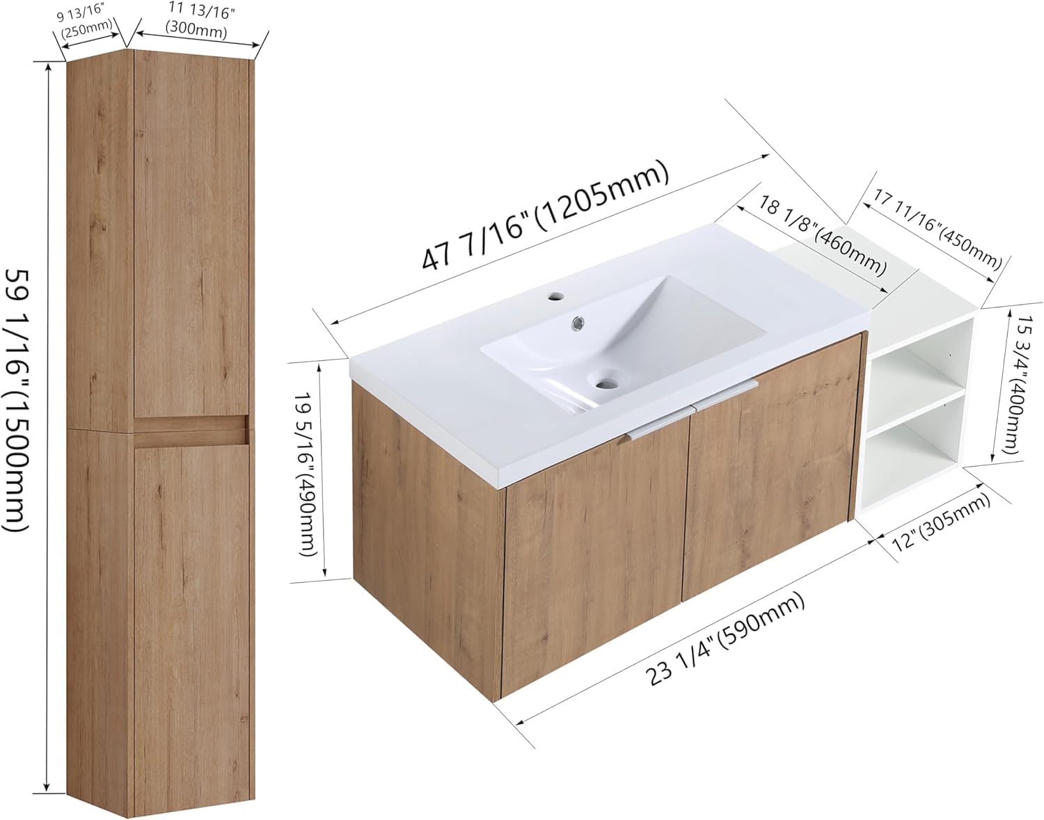48" Single Sink Bathroom Vanity Modern Wall-Mounted Bathroom Vanity with Sink 48-Inch Floating Bathroom Vanities Set with 2 White Open Storage Shelf & 1 Side Cabinet, Natural Oak