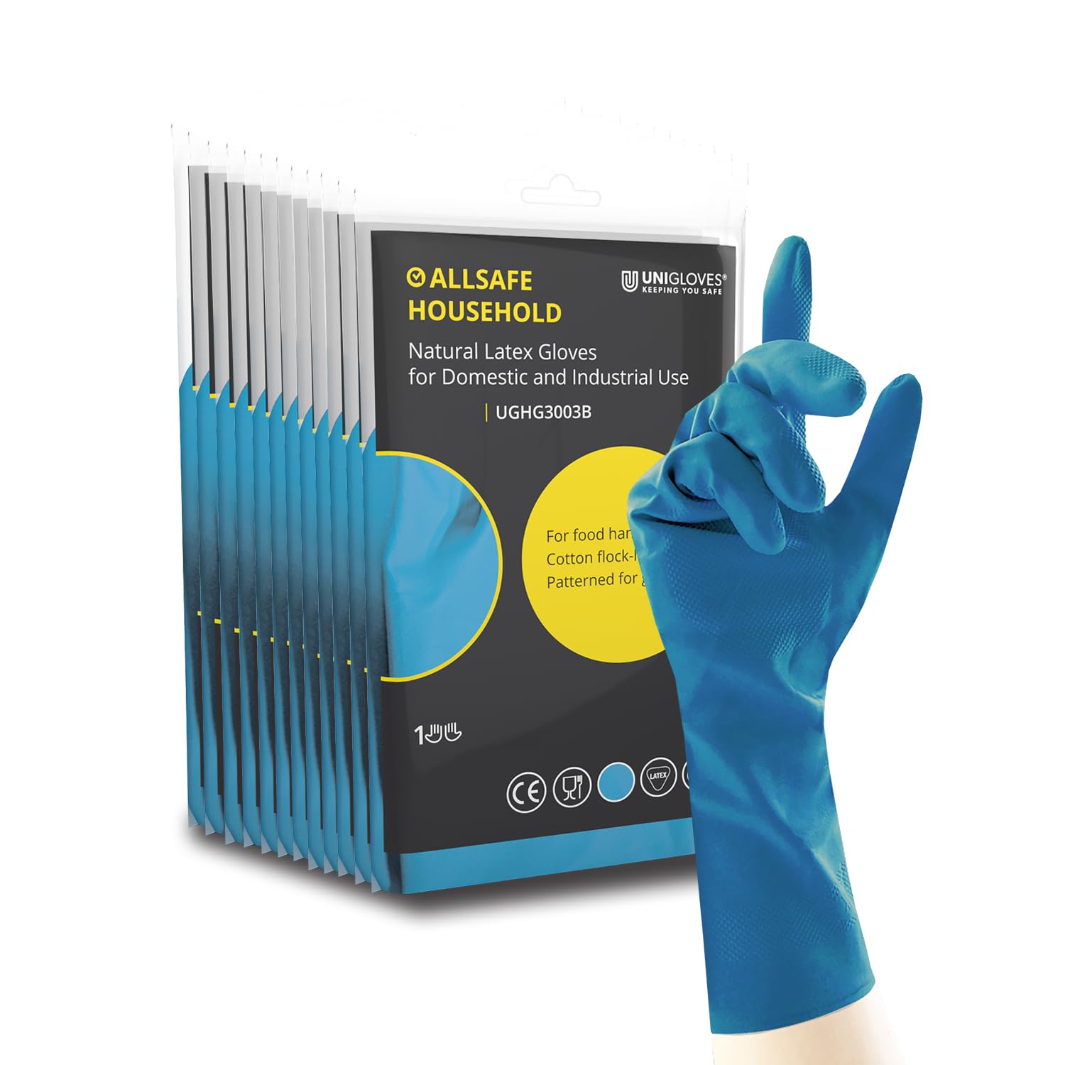 UNIGLOVES Allsafe Household Blue - Latex Reusable Household Gloves for Cleaning, Washing up and Food Processing - 12 Pairs - Size M