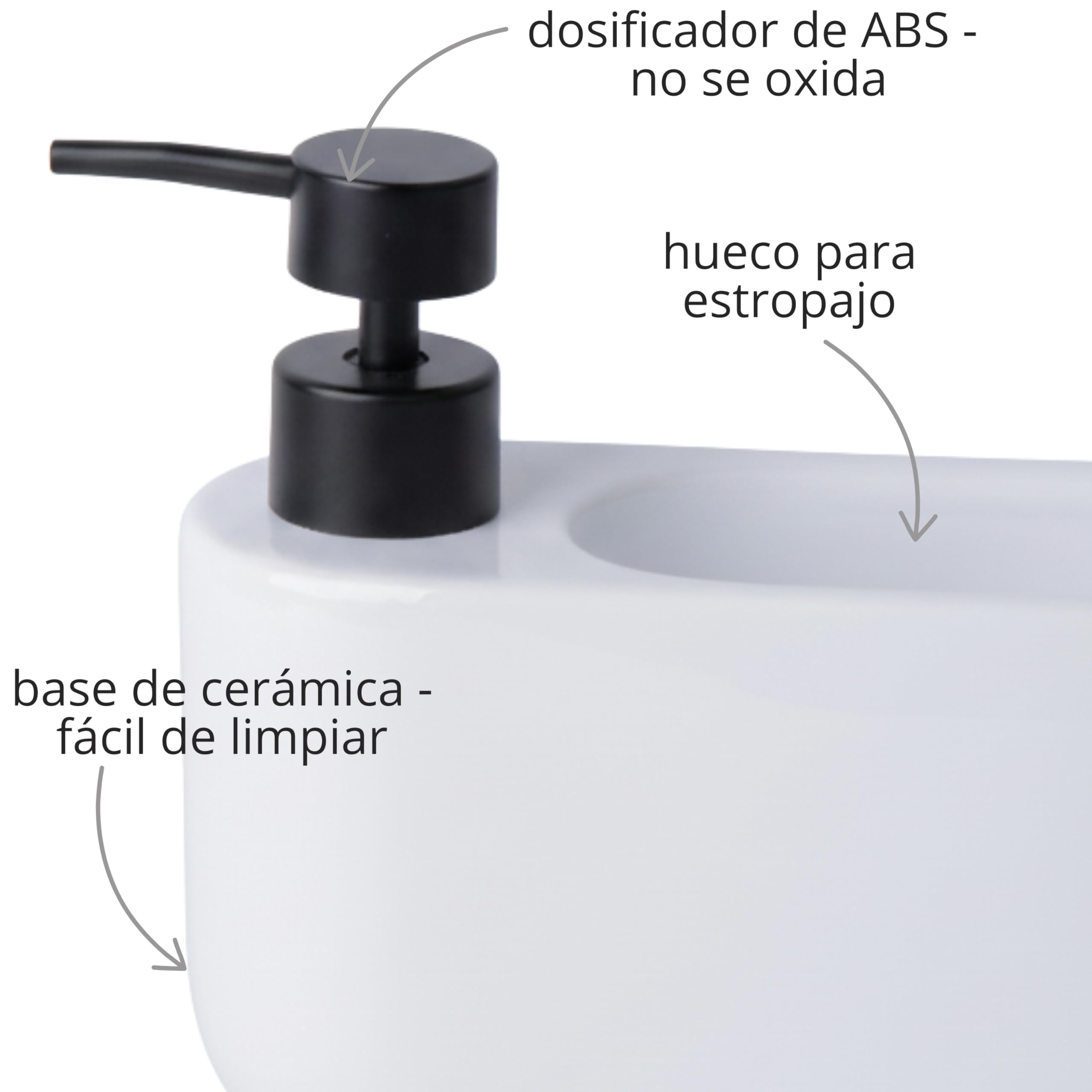 Kook Time Dispensador de Jabón Cocina con Estropajero 520 ml Curve - Dosificador de Cerámica y Soporte para Esponja. Organizador de Fregadero Estrecho. 18 x 7.3 x 15 cm. - Blanco - 3