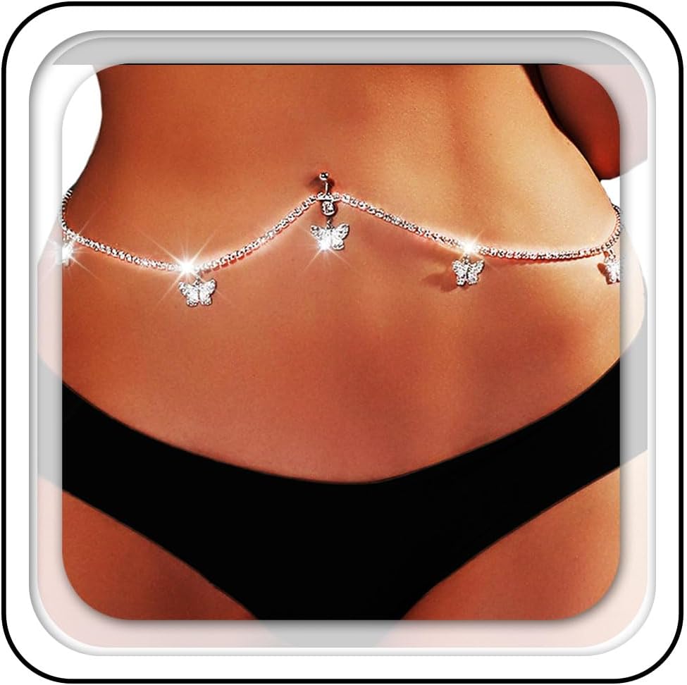AsoollSilver Rhinestone Belly Button Ring with Chain Butterfly Waist Chain Bikini Beach Body Accessories Jewelry for Women