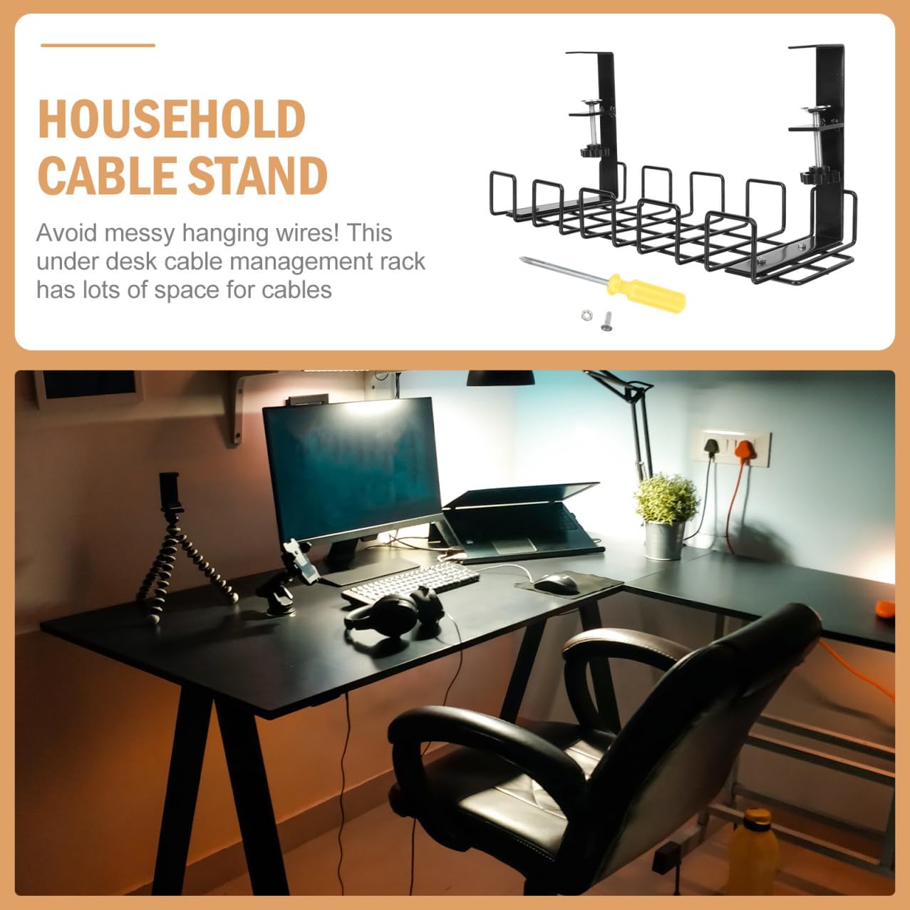 Support de Rangement de Câbles en Fer Noir, Structure Robuste | Organisation des Fils, Format 1 Pièce, Usage Maison et Bureau, Support Polyvalent pour Installation sous Table