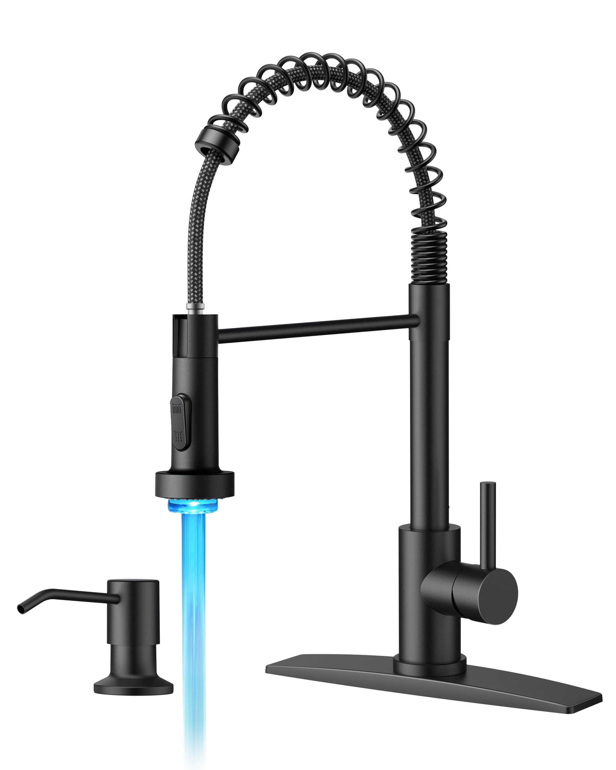 Grifo de Cocina LED con dispensador de jabón, Grifo de Fregadero Comercial de Resorte Tradicional de Acero Inoxidable Negro con rociador extraíble para lavandería y Utilidad RV Camper Bar Granja