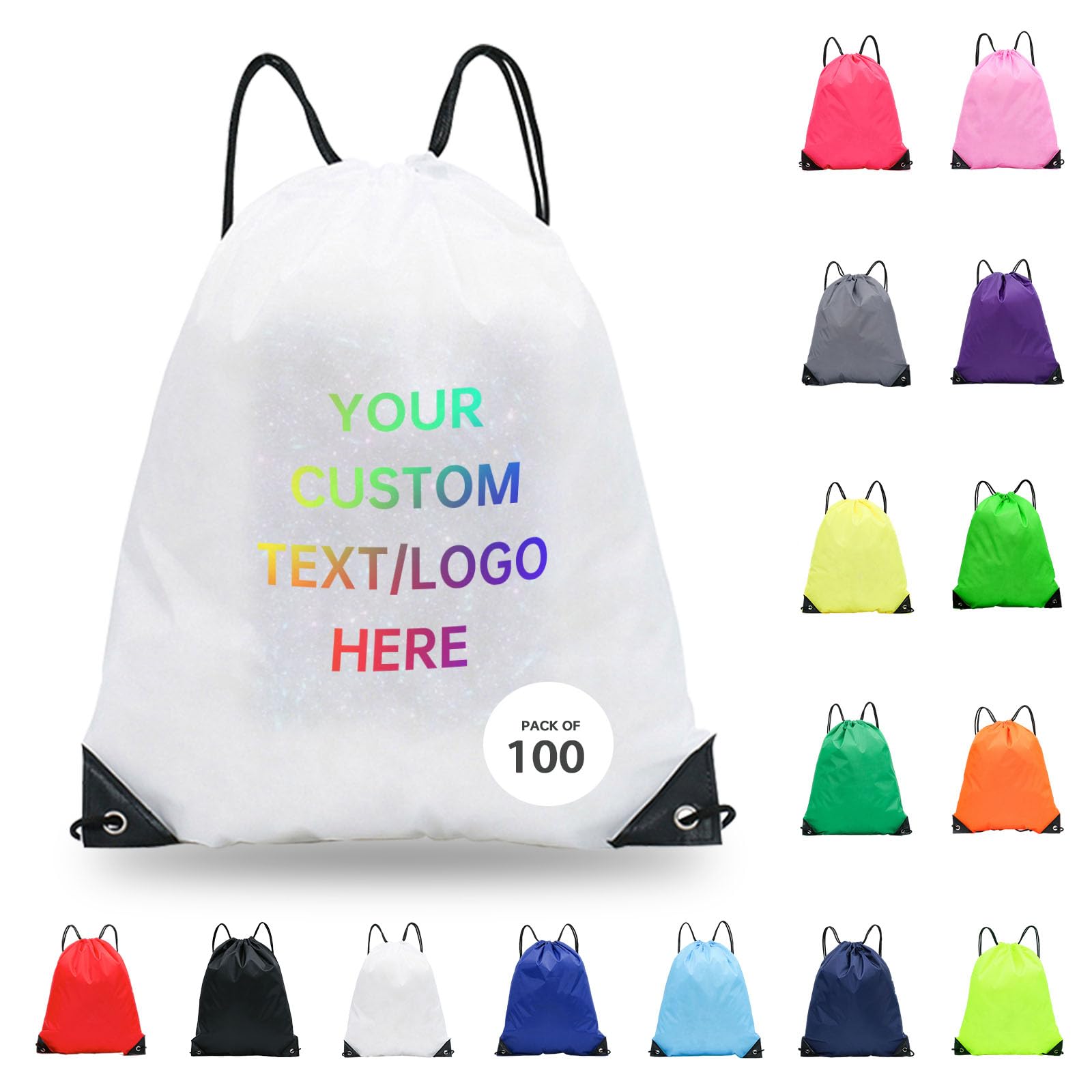 JEOHLORY pack of 100 Custom Bags With Your Logo,customized backpack,promotional items,Drawstring Backpacks,Great for Everyday Use (Custom white)