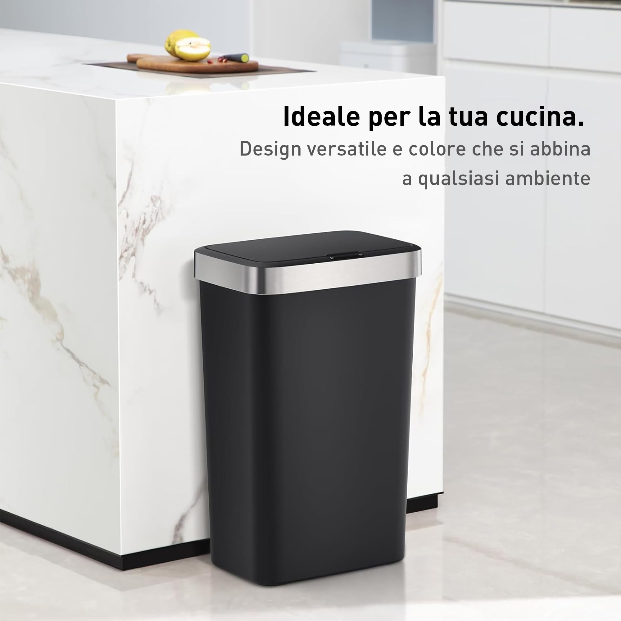EKO Pattumiera da Cucina 50 Litri con sensore Automatico e Chiusura Morbida | Pattumiera Nera a Batteria | Finitura Anti-Traccia, Base Antiscivolo e Supporto per Borsa | Design Moderno e Silenzioso