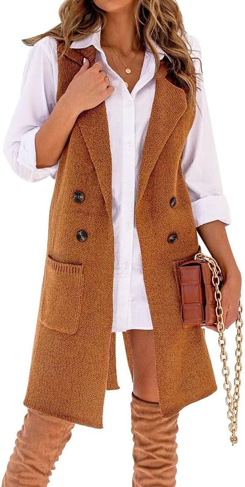 Kinghua Sweater Vest Women Fall Winter Clothes V Neck Button Down Knit Sleeveless Long Cardigan Sweaters with Pockets - Image 5
