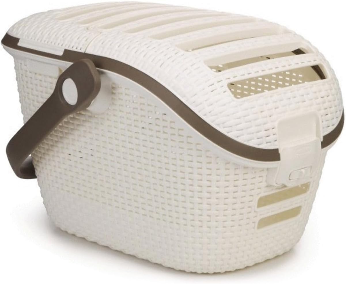 Transportbox Katze 51 x 38 x 33 cm, Katzen Transportbox Weiß mit Rattanoptik, Tiertransportbox für Katzen, Hunde & Kleintiere bis 10 kg, sicher mit Tragegriff