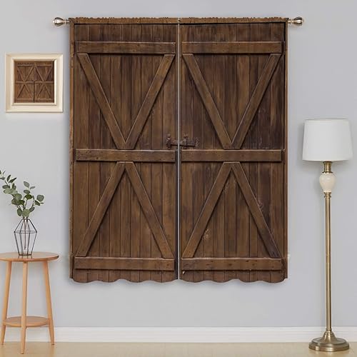 Cortinas opacas rústicas para puerta de granero para niños y niñas, decoración de oscurecimiento de habitación, madera de grano de madera marrón,