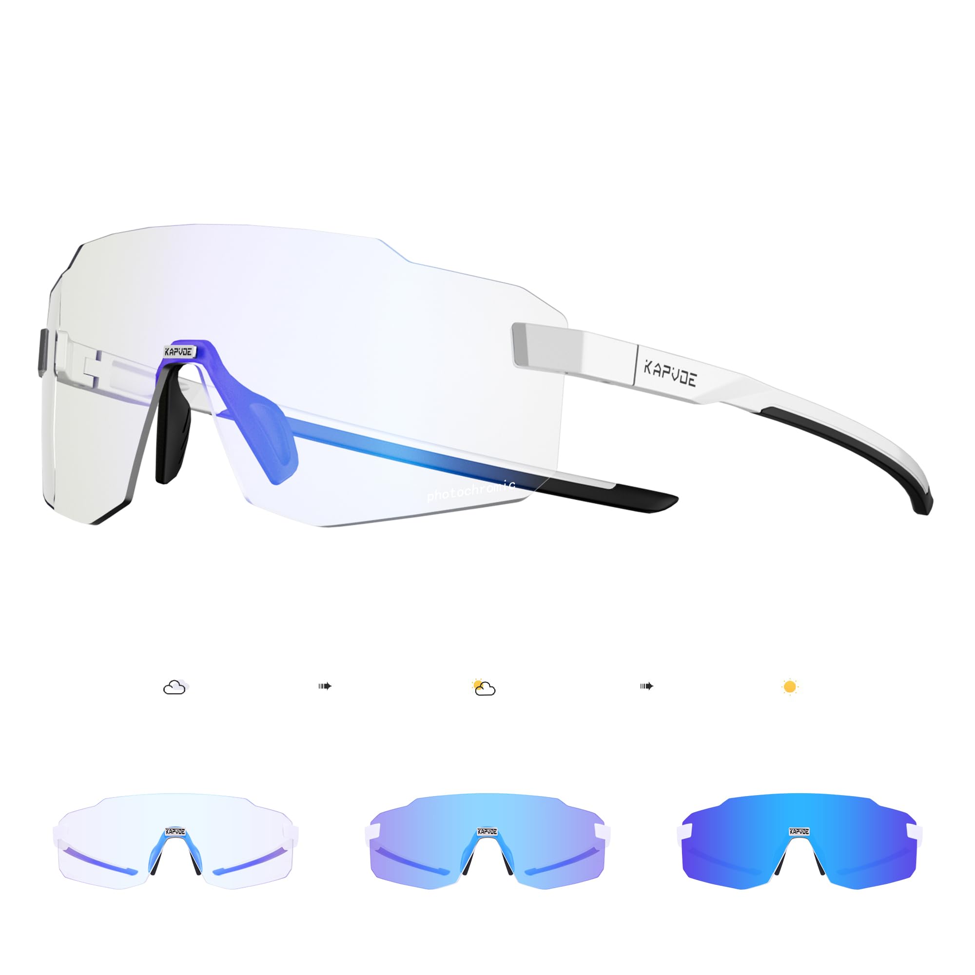 KAPVOE Lunettes de Cyclisme Photochromiques homme femme Lunettes Sportives Anti UV400 pour VTT Course en Montagne et Conduite Monture Sans Cadre K341