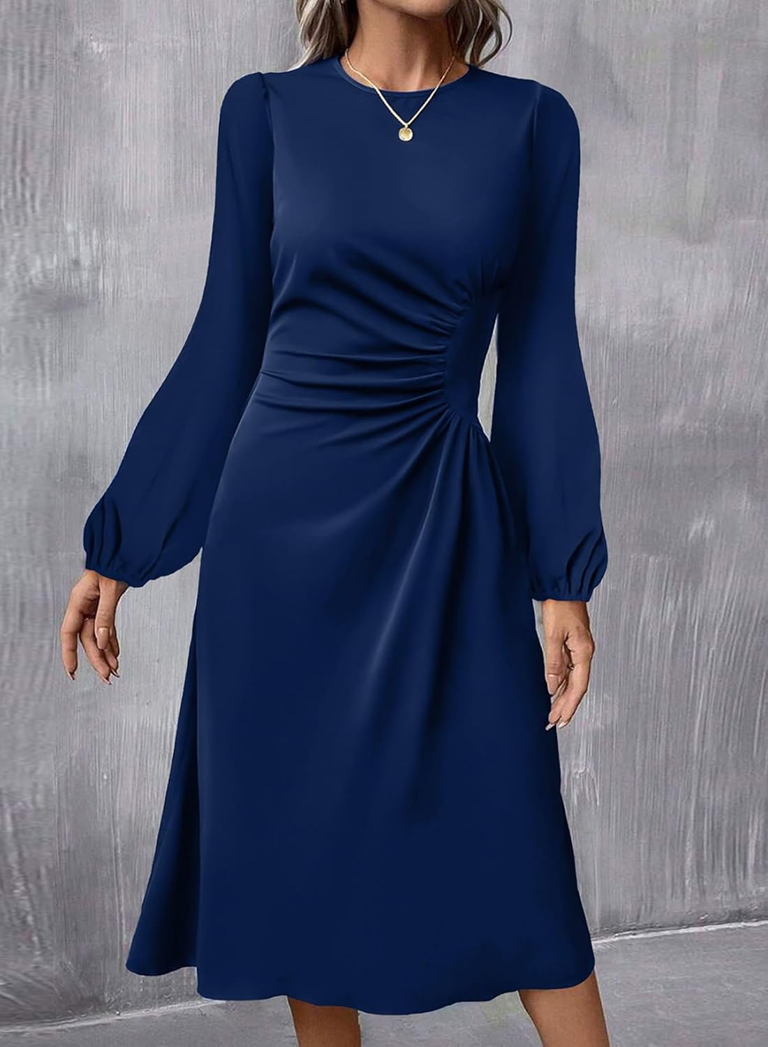Happy Sailed Midi Dresses for Women Date Night Long Sleeve Empire Ruched Waisted Slim Fit Irregular Hem Flared A-Line High Low Cocktail Party Dress Fashion 2025 Navy Blue Large - Image 2