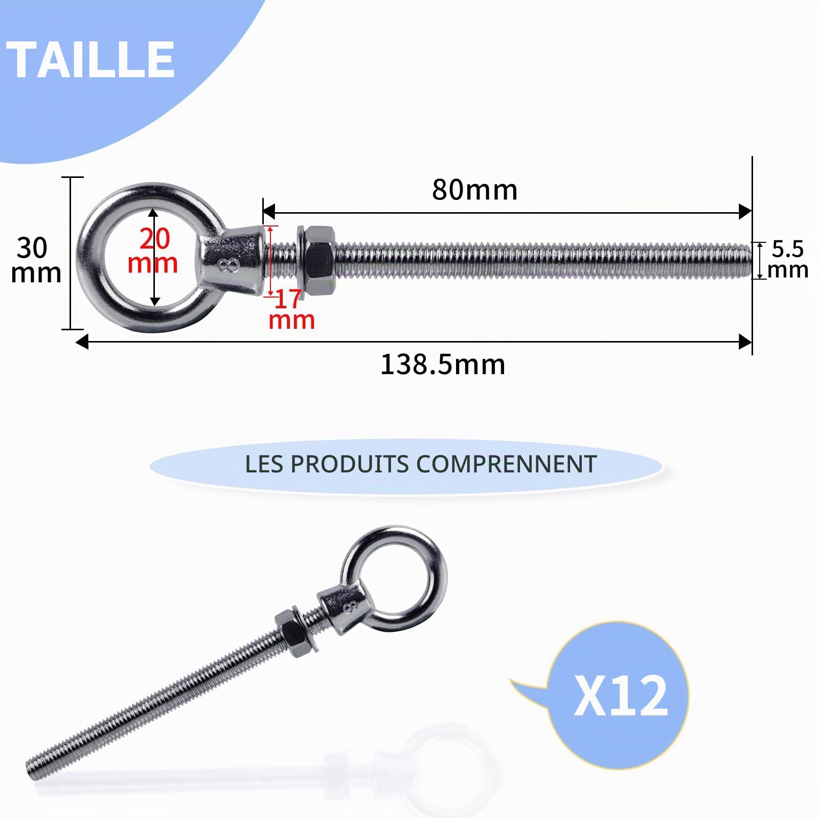 EFUTURETIME 12 x Boulons à Anneau M8 x 80 mm, Boulon à œil en Acier Inoxydable 304, Piton à Visser avec Filetage Métrique