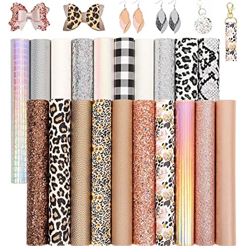 LOTOFUN White Silver Faux Leather Sheets: 20Pcs/Set Golden Brown Leopard Cheetah Print Holographic Sparkle Chunky Glitter Fabric 8x6 Inch for Bows Earrings Making DIY Craft Cover