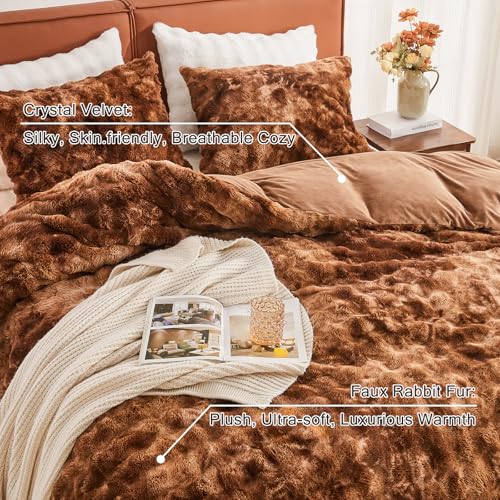 Image of EMME Faux Fur Duvet Cover Queen Size, 3 Pieces Ultra Soft Fluffy Comforter Cover, Cozy Warm for Winter, Luxury Shaggy Bubble Design Bedding, 1 Duvet Cover & 2 Pillow Shams (Queen, Tie Dye Brown)