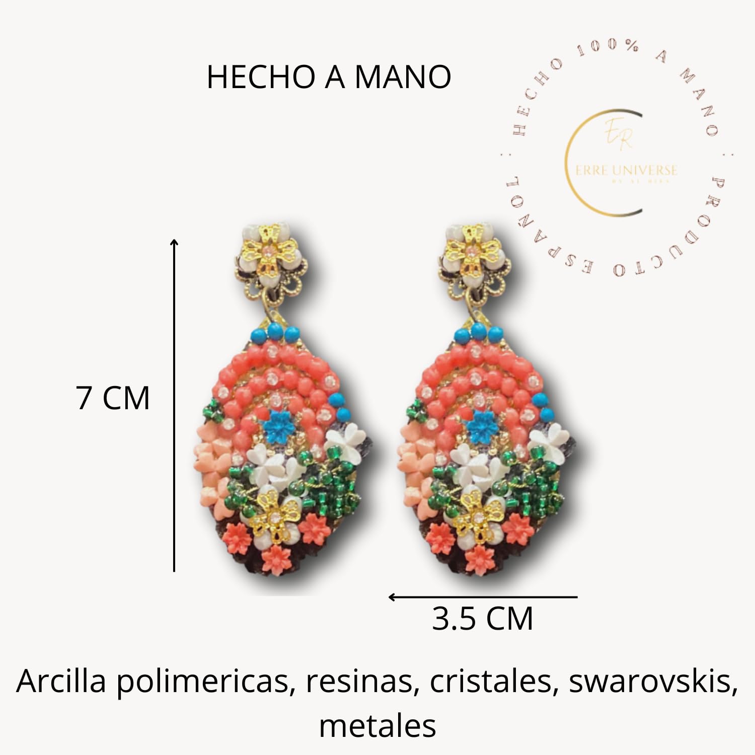 Pendientes Artesanales Florales con Cristales y Pedrería, 7 cm x 3.5 cm, Coral, Turquesa, Verde, Hechos a Mano, Diseño Exclusivo, para Cualquier Ocasión o Evento, Pendientes de Flamenca