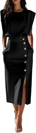 Womens Stylish Solid Color Button-Down Midi Sleveeless Dress with Slit Versatile for Work & Social Gatherings