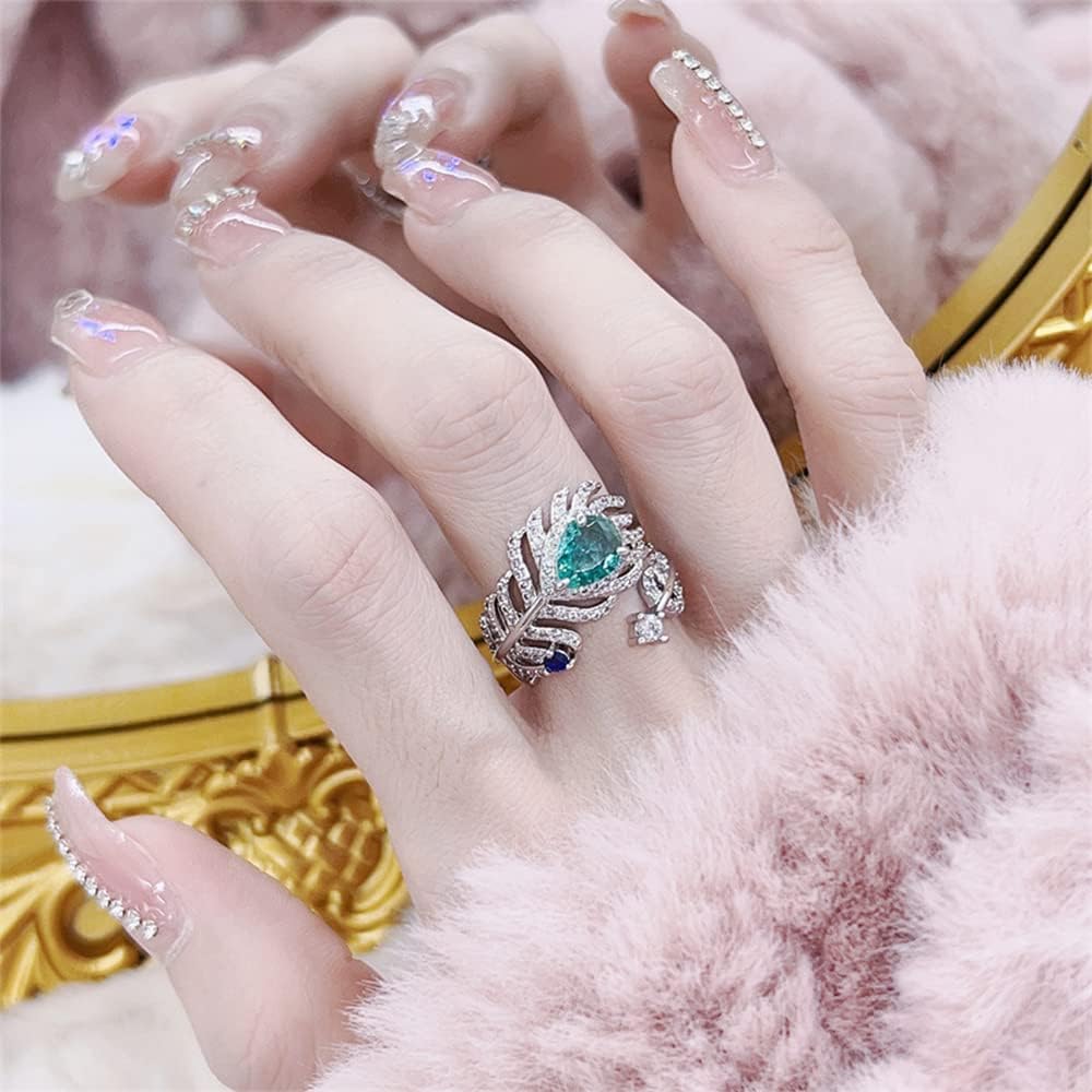 Elegant Peacock Feather Wrap Open Ring for Women CZ Crystal Emerald Diamond Eternity Statement Ring Engagement Promise Rings Expandable Finger Band - Image 2