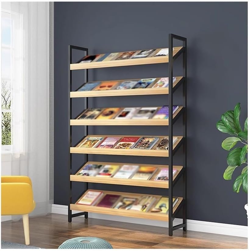 Newspaper Display Rack Modern Design Magazine Rack Wooden Storage Rack Slant Display Bookshelves Floor-to-Ceiling Advertising Floor-Standing Magazine Rack(Black)