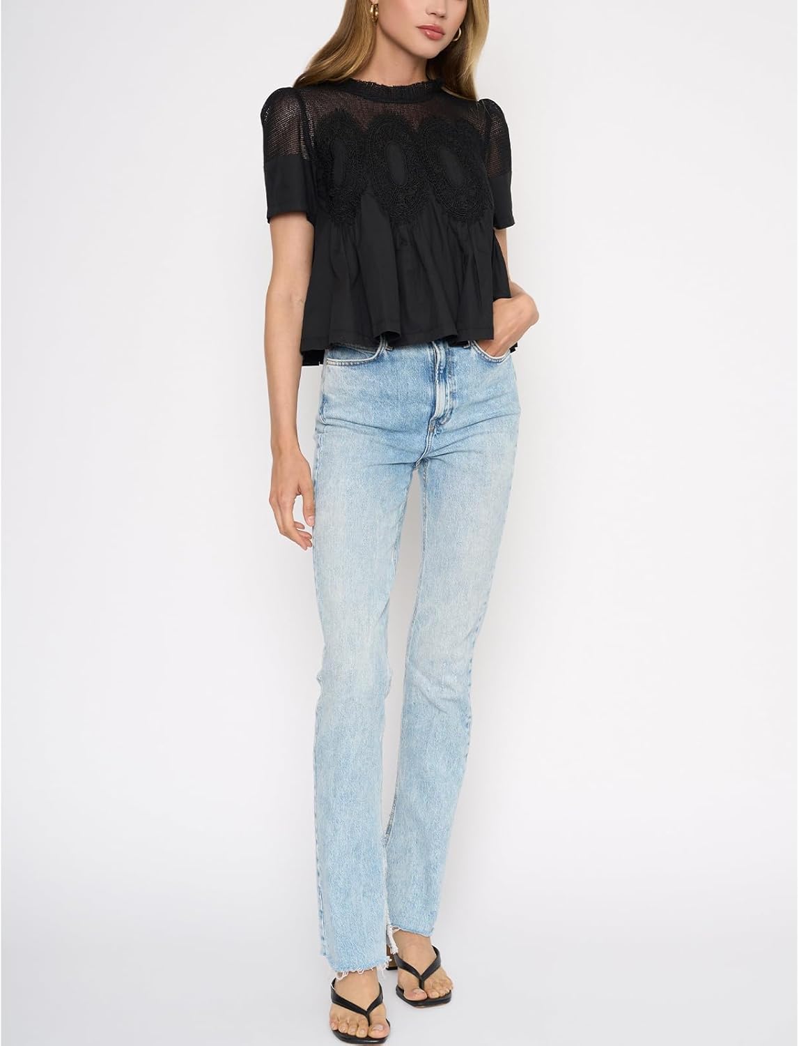 Women's Babydoll Tops Short Sleeve Lace Detail Blouses Flared Pleated Swing Sheer Mesh Shirts - Image 2