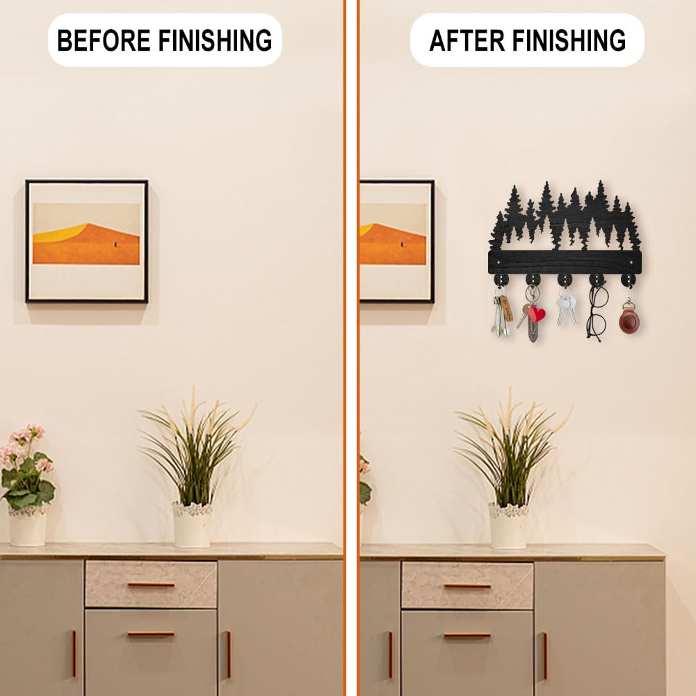 MAYJOYDIY Perchero de pared de 30 x 20 cm, madera densa, árbol de bosque, decoración de pared, soporte para llaves para pared, 5 ganchos de aleación, gancho negro, gancho de pared para sombrero,