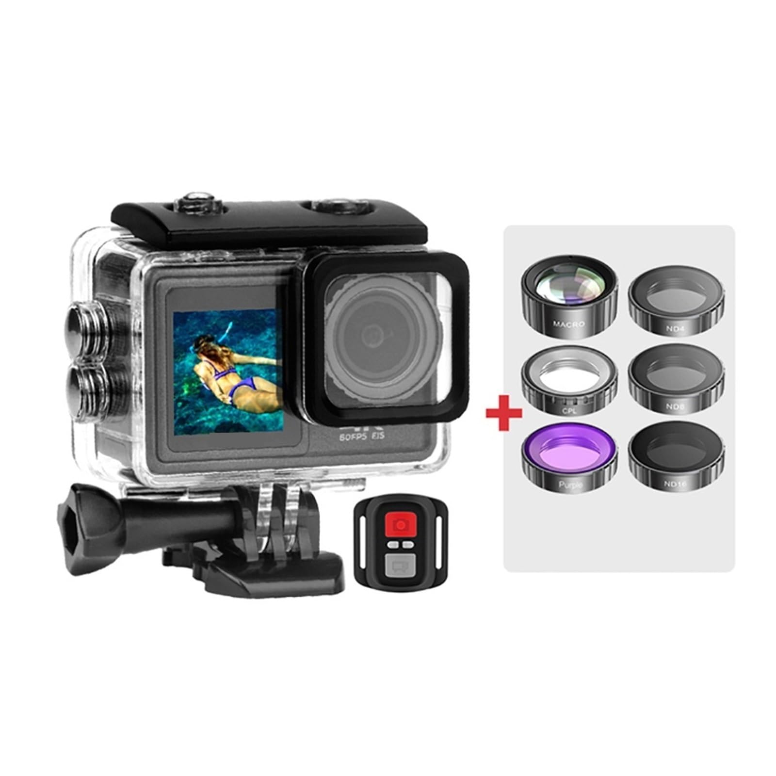 Macchina Fotografica d'azione Videocamera d'azione a Doppio Schermo Video EIS da 48 MP con Obiettivo Filtro Opzionale 1080P Webcam Vlog Sports Cam(Option3,5K Camera ADD 6 Lens)