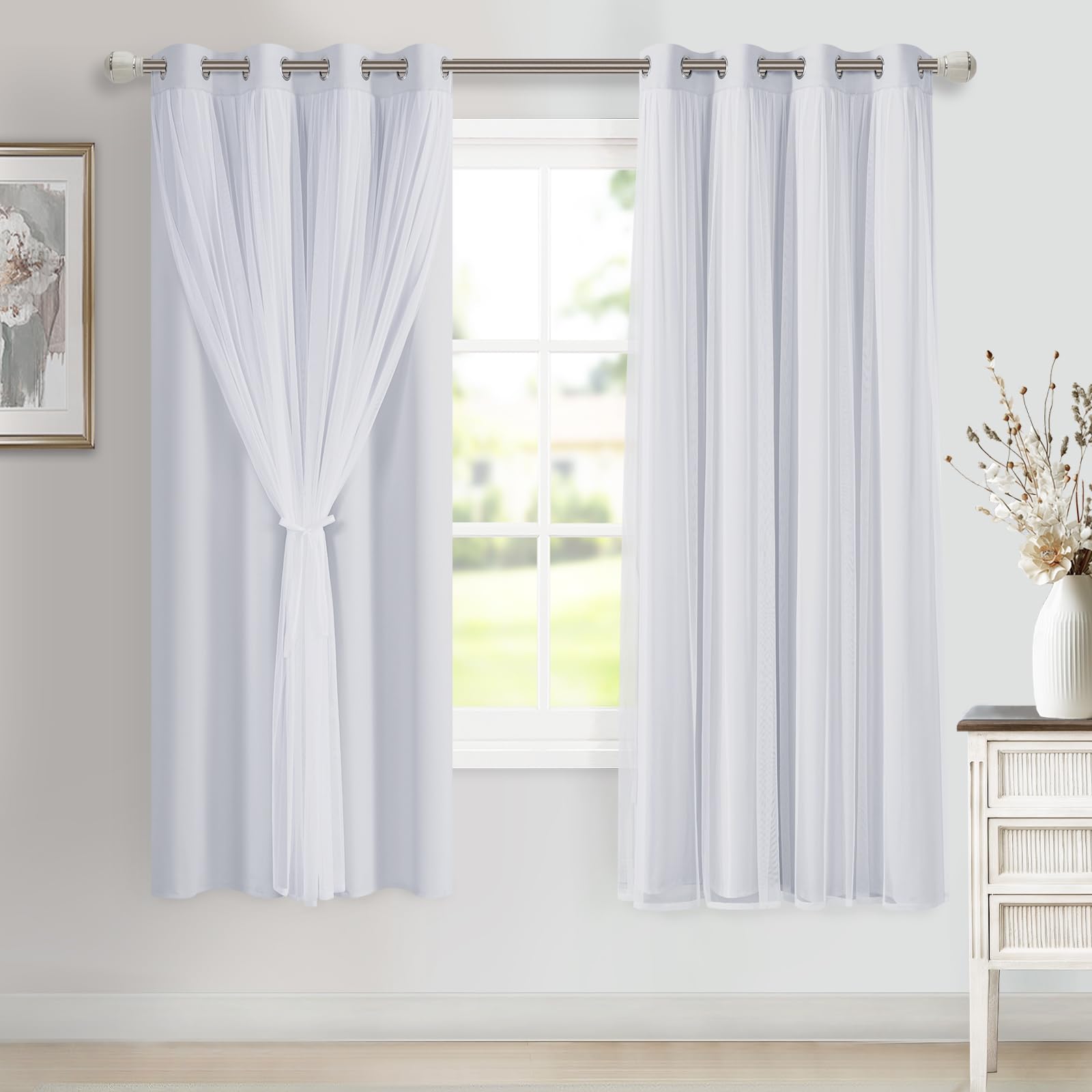 DWCN White Blackout Curtains with Sheer Overlay Thermal Insulated Mix & Match Double Layer Window Panels for Bedroom Living Room Drape Sewn with Tiebacks Grommet Top 52" Wx72 Lx2