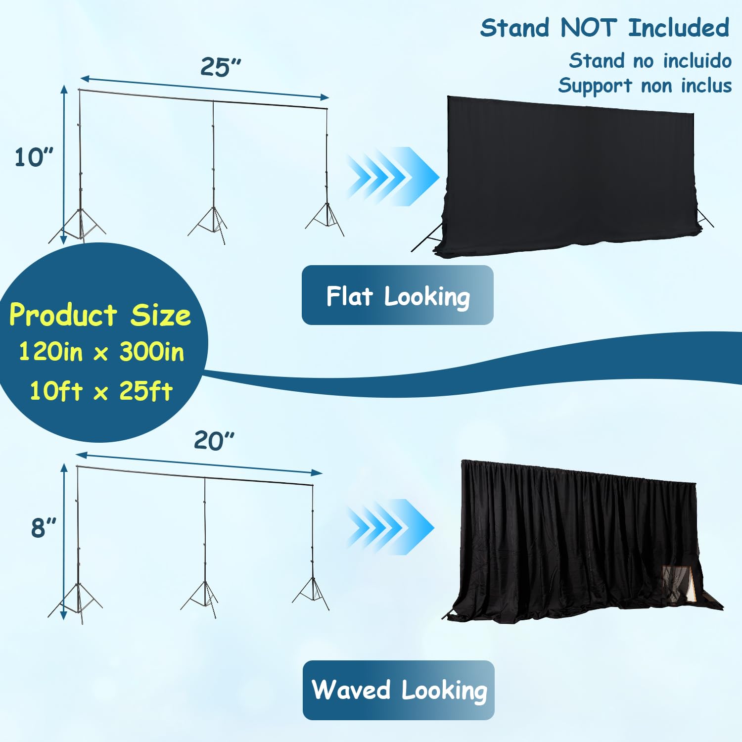 Toile de fond extra large 2 couches une pièce pour cabine d'exposition, noir, 7,6 x 3 m | Mousseline de soie tulle et polyester, rideaux occultants extra larges, toiles de fond théâtrales