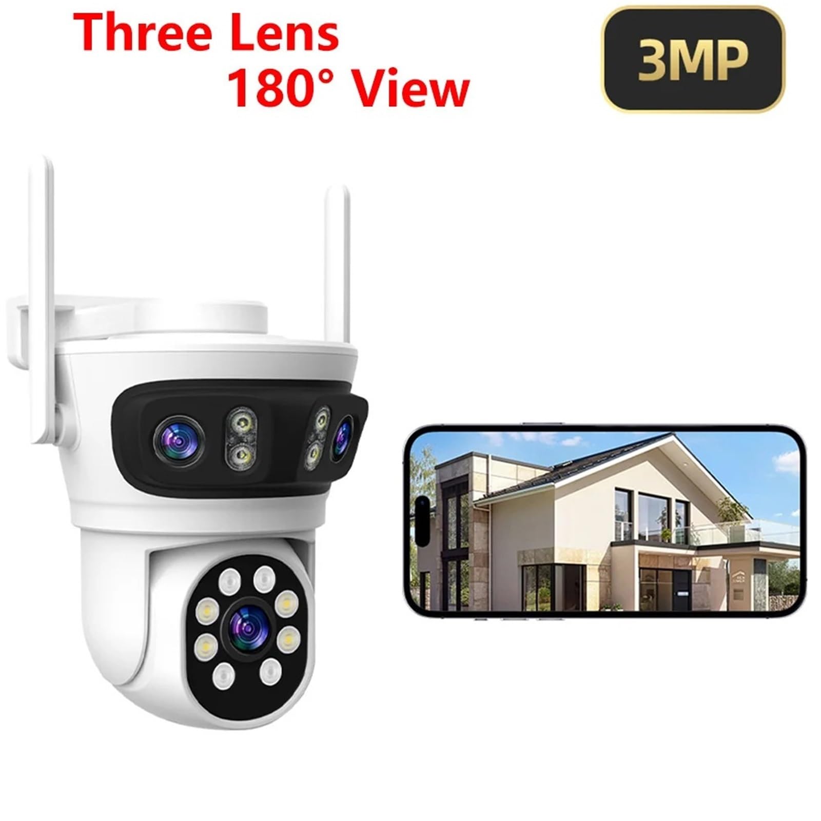Kamera IP, 3 obiektywy 2.4G WiFi + BLE 3MP śledzenie ruchu kolor noktowizor zewnętrzna kamera PTZ CCTV syrena świetlna alarmowa(Camera 64G)