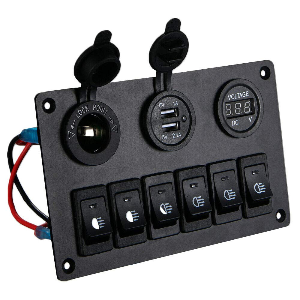 Bloepum 6 Gang Switch Panel with 12V-24V LED Digital Voltmeter Dual USB Charger Lighter Socket for RV Truck Boat SUV