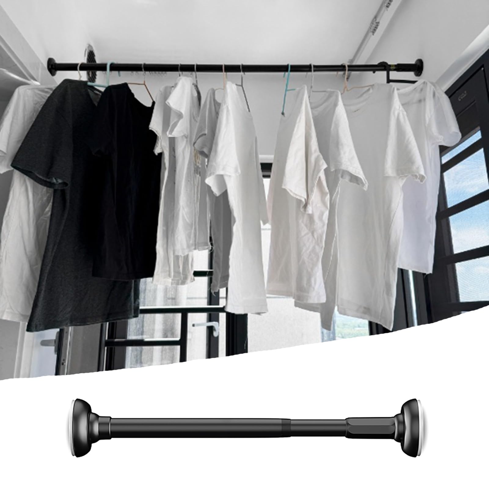 Barra Armario Barra Colgante Multiusos para Armario, Barra de Acero Inoxidable Que Soporta El Peso de la Ventana, Sin Taladro, Barras de Cortina de Ducha de Longitud Ajustable(Black,190-260cm(75"-102