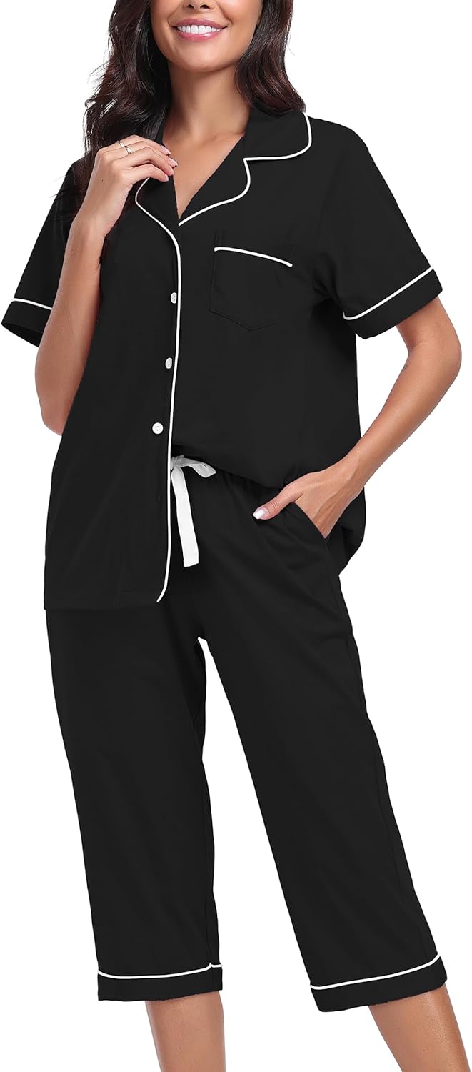 CF Women's 100% Cotton Pajamas Set Short Sleeve Top & Long Pants Sleepwear Button Down Pjs Sets Comfy Loungewear with Pockets