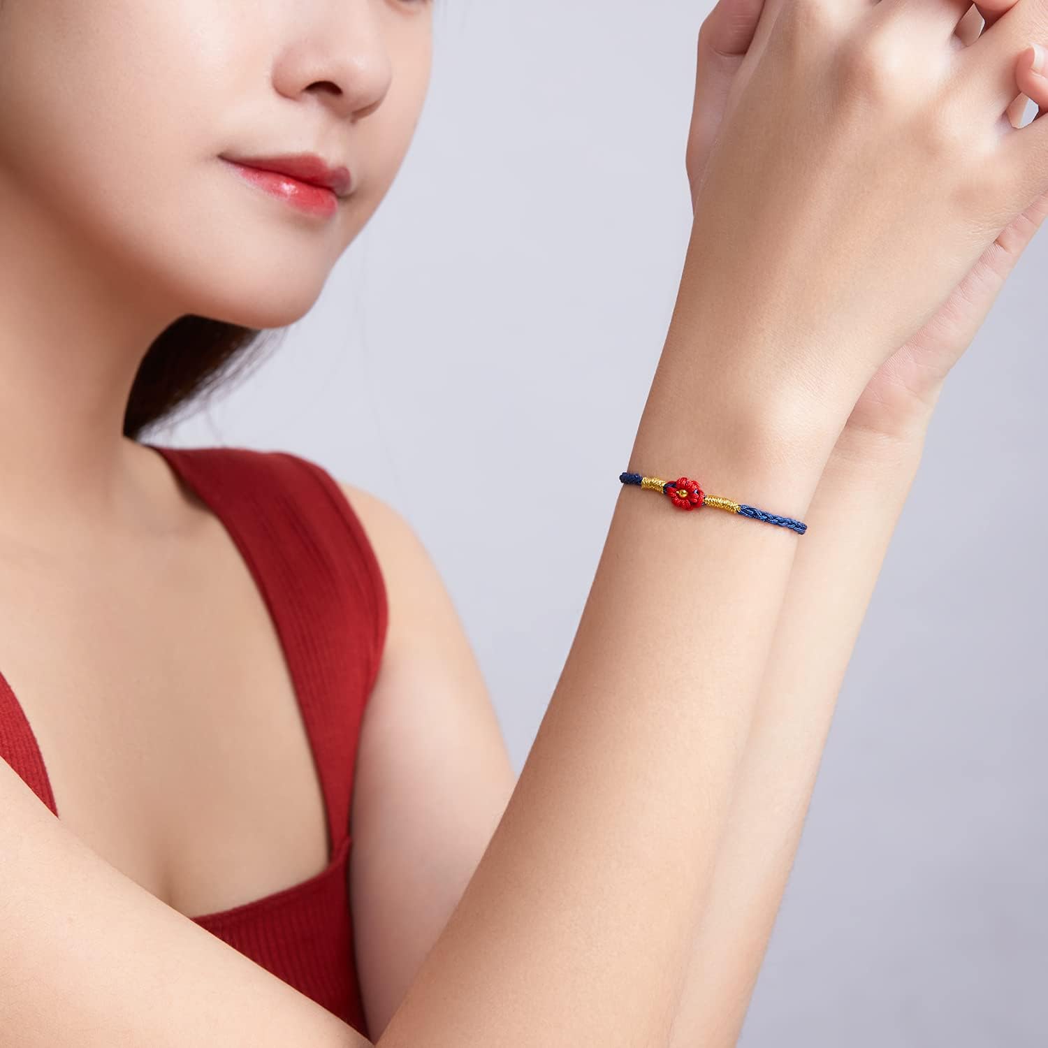 ZHOU LIU FU 999 24K Solid Gold Bracelets for Women, Real Pure Gold Adjustable Friendship Charm Gold Bead Flower Bracelet Red Black Green Braided Bracelet for Men Mom Girlfriend