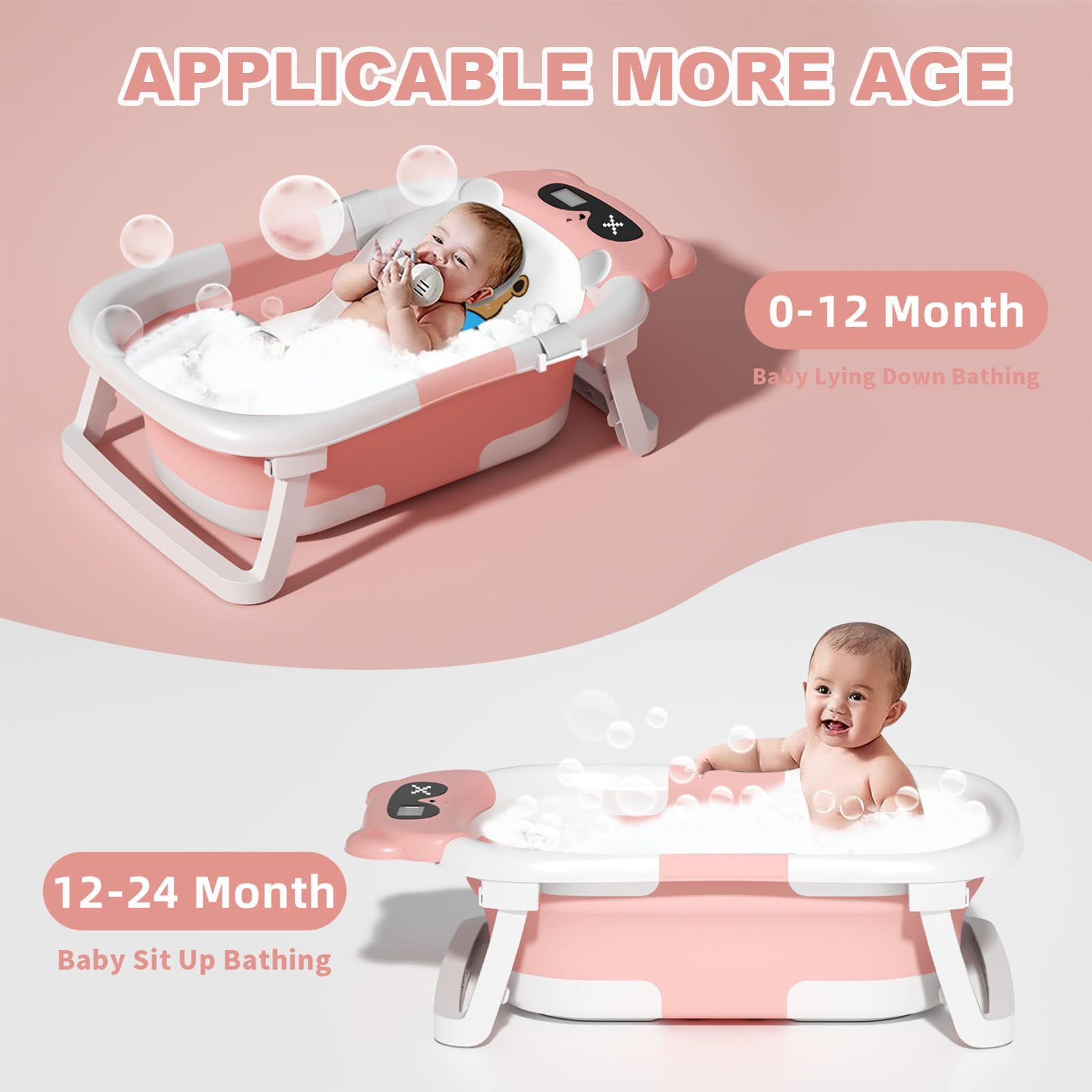 Vaschetta Bagnetto Pieghevole per Neonati e Bambini con Monitoraggio della Temperatura in Tempo Reale, Cuscino Morbido e Design Salvaspazio, Vasca da Bagno Portatile per Bambini da 0 a 36 Mesi