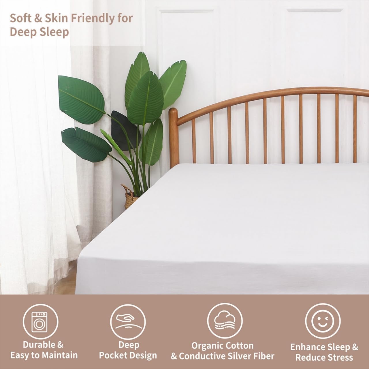 Organic Grounding Sheets Califonia King Grounding Fitted Sheet Deep Pocket, Earthing Grounding Sheet for Better Sleep Anti-Static Bed Sheet Grounding Bedsheet for Wellness (White, California King)