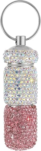 Pastillero de viaje portátil con diamantes de imitación, impermeable, con llavero, bonita caja de almacenamiento de pastillas para acampar al aire