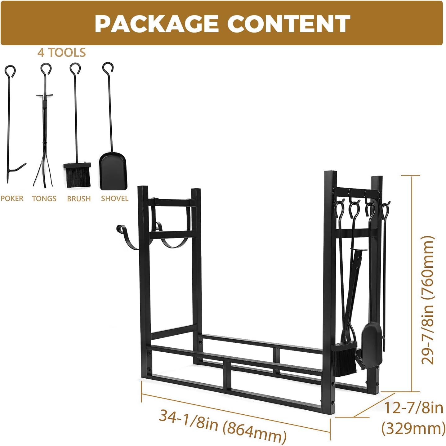 HECASA 33 Inch Firewood Rack w/Kindling Holder Include Shovel Poker Tongs Brush Heavy Duty Steel Indoor Outdoor Fireplace Log Rack