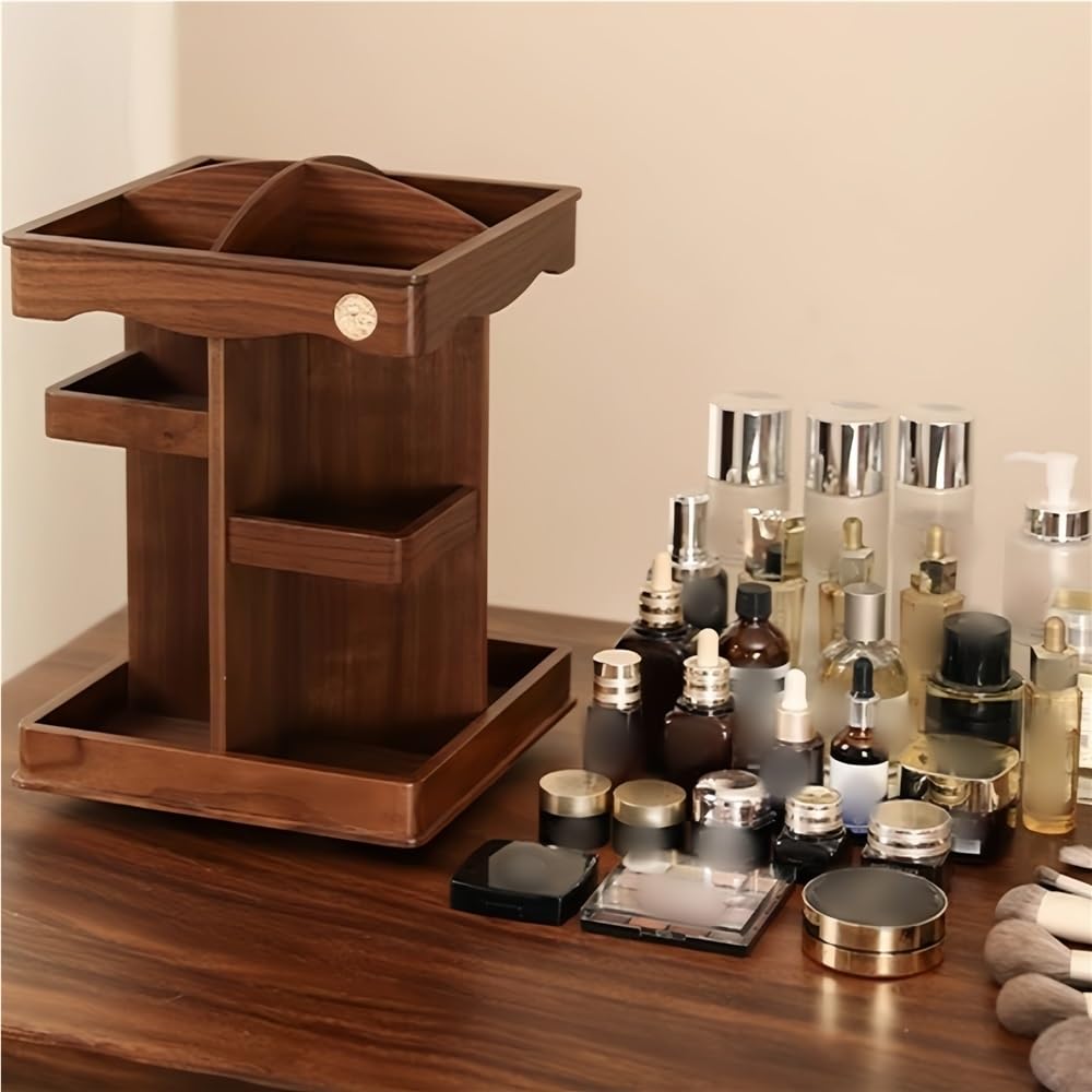 Organizzatore rotante per trucco con porta pennelli, organizer quadrato da banco in legno, per cosmetici, cura della pelle, profumi, rossetti, camera da letto