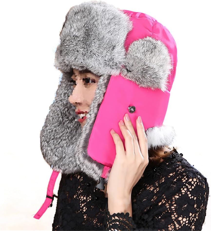 100% Real Rabbit Fur Hat Thicken Winter Warm Ushanka Trapper Cap for Women (Rose Red X-Large(Above 60cm))