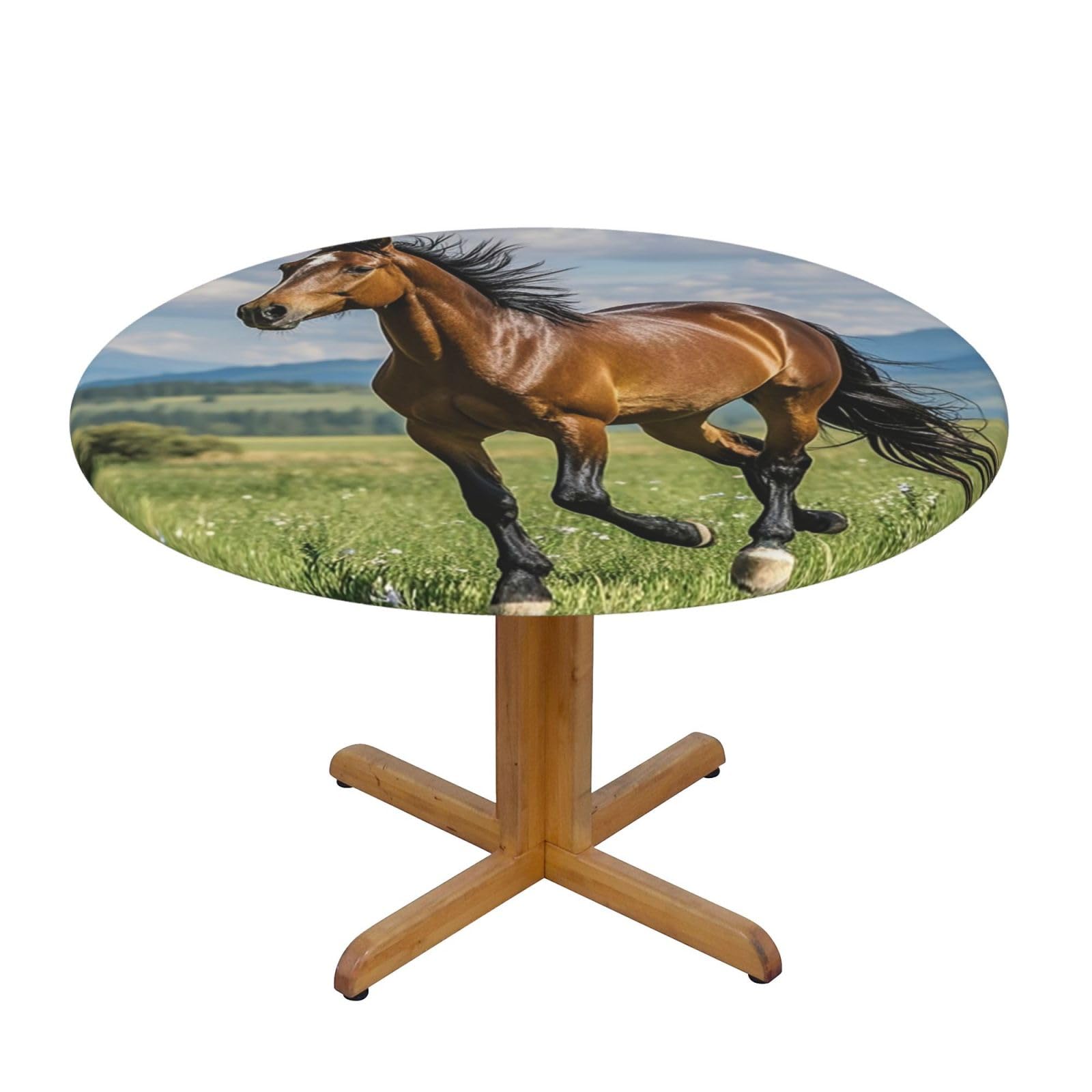 BTCOWZRV Horse Running in Field Round Spandex Tablecloth 47 Inch, Elastic Fitted Waterproof Tablecloths Stretch Washable Picnic Table Cover for Camping, Dining, Indoor and Outdoor