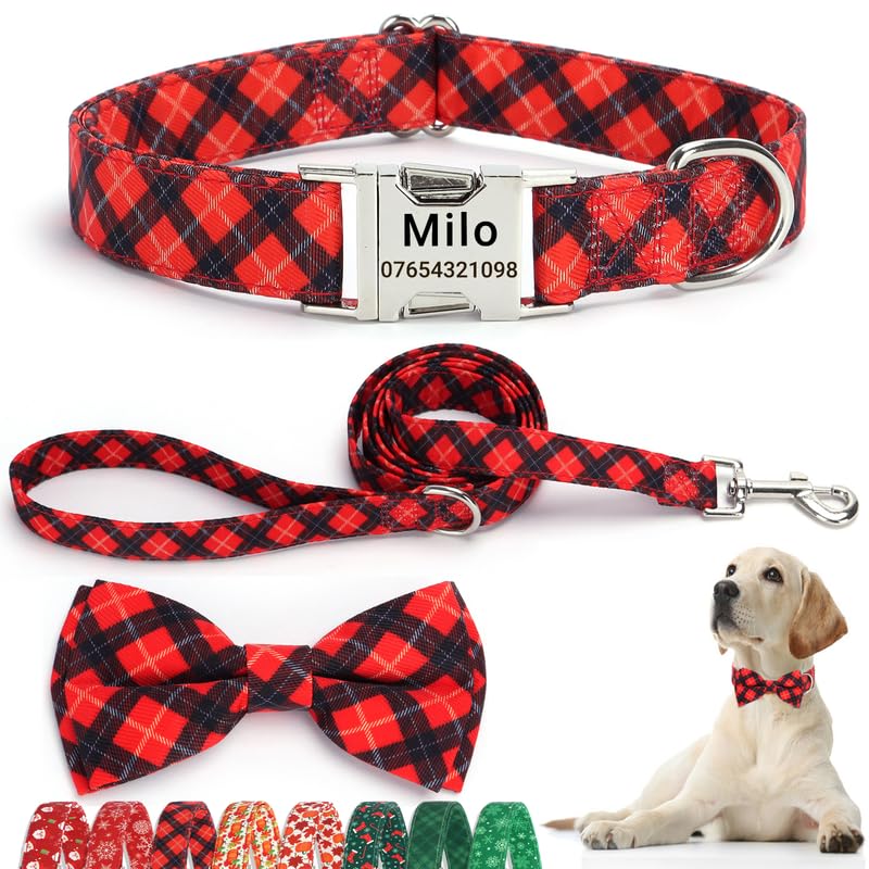 SEOUGEE Christmas Dog Collar Personalised with Bowtie & Lead Set, Adjustable Cotton Dog Collars and Leash with Engraved Metal Buckle for Large Dogs (Red Plaid Set, XL:Neck 45-70cm) — image 1