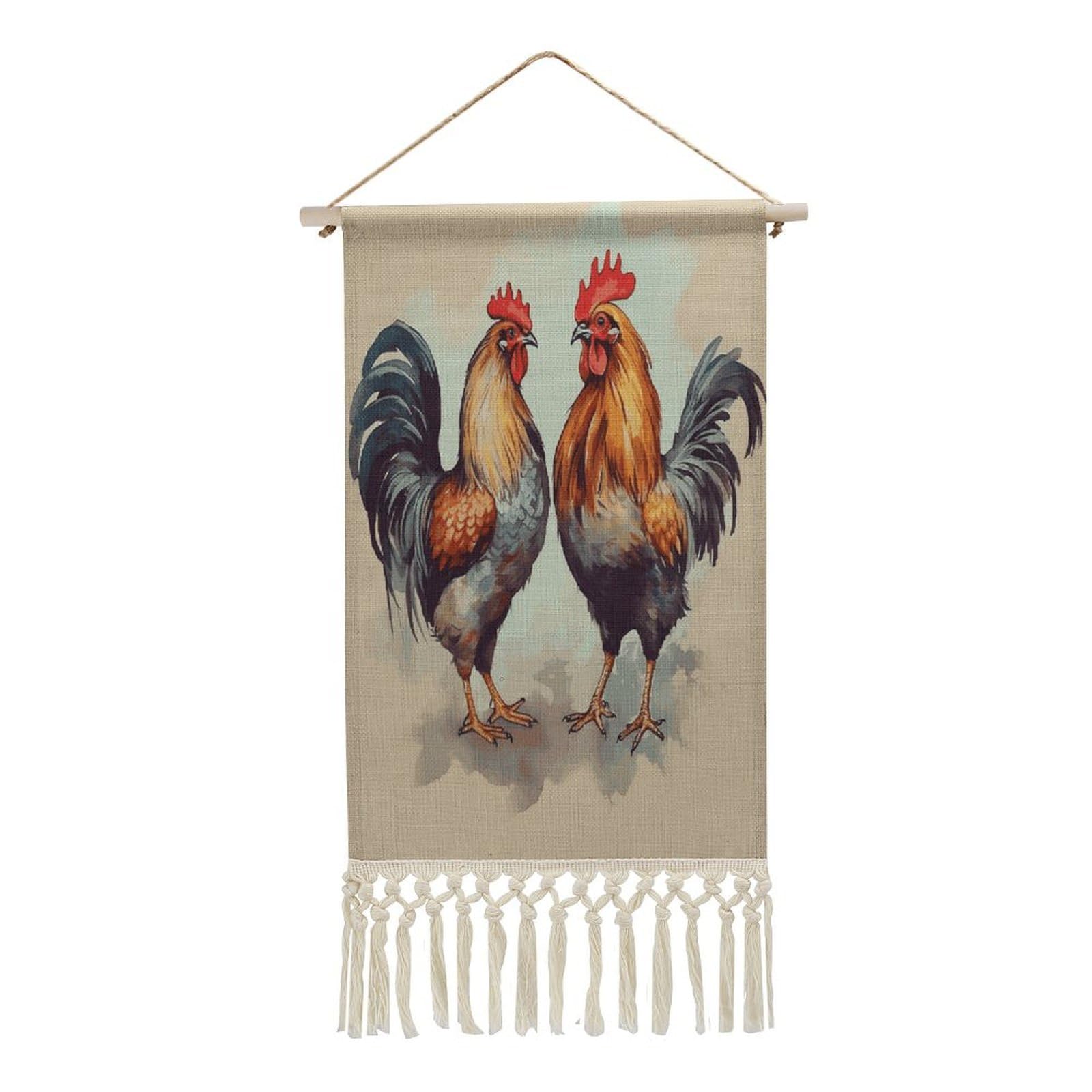 FekiLoot Rooster And Hen Wall Art Print Decor Art Tapestry with Tassel Cotton Linen Hanging Poster Vintage Aesthetic Wall Art Poster Rustic Wall Art Decor for Home Bedroom Living Room Office